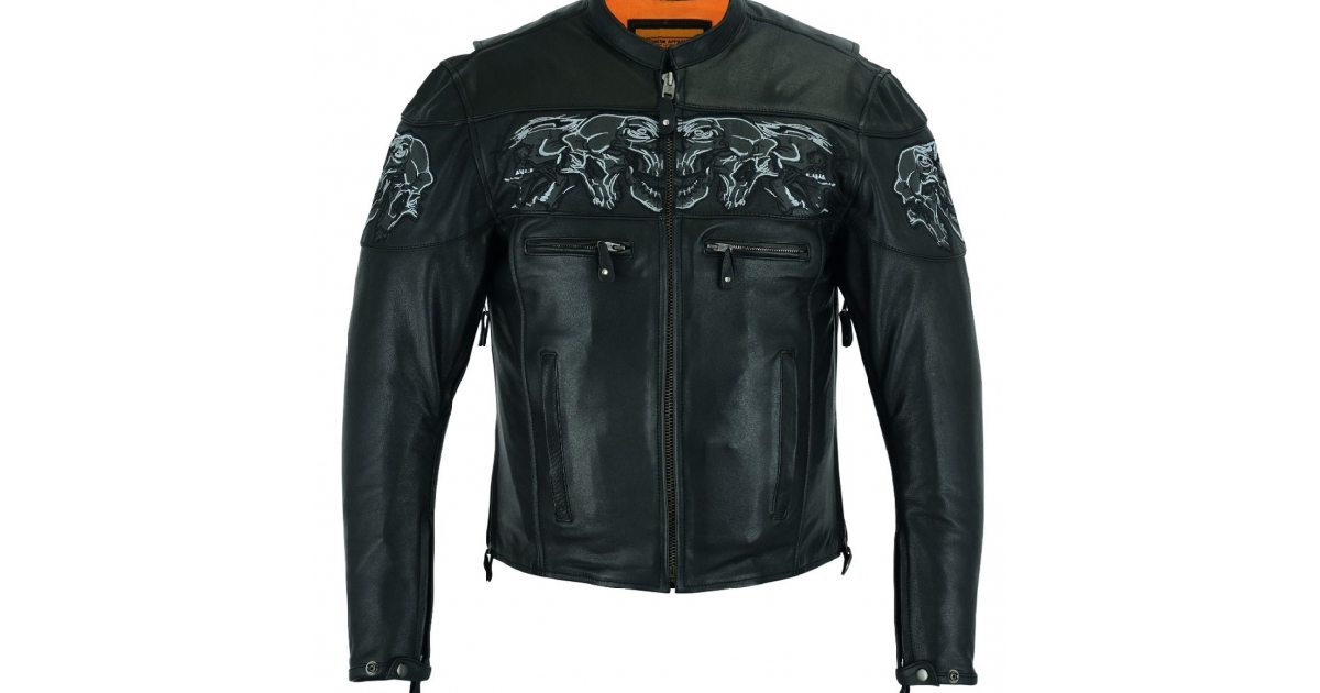 Men's Leather Concealed Carry Racing Jacket W/ Reflective Skulls